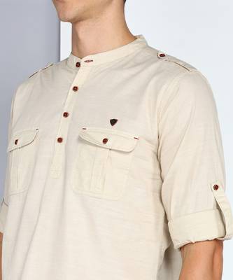 men's beige linen cotton short pathani kurta 5