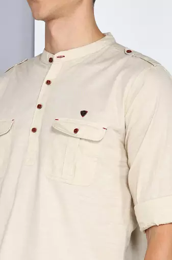 men's beige linen cotton short pathani kurta