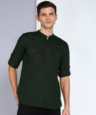 men's dark olive linen cotton short pathani kurta 1