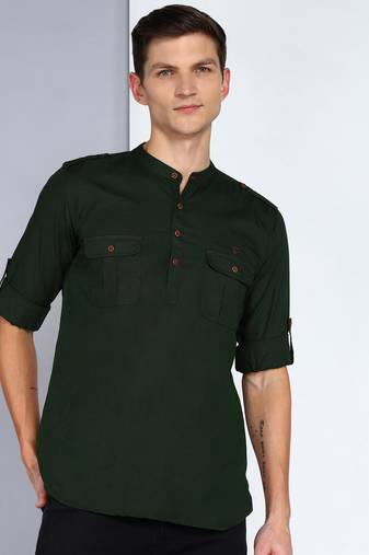 men's dark olive linen cotton short pathani kurta