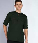 men's dark olive linen cotton short pathani kurta