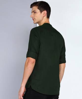 men's dark olive linen cotton short pathani kurta 2