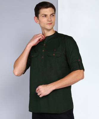 men's dark olive linen cotton short pathani kurta 3