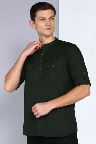 men's dark olive linen cotton short pathani kurta