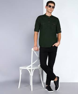 men's dark olive linen cotton short pathani kurta 4