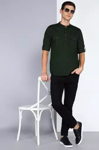 men's dark olive linen cotton short pathani kurta