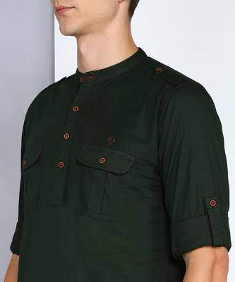 men's dark olive linen cotton short pathani kurta 5
