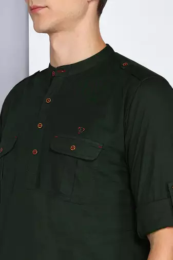 men's dark olive linen cotton short pathani kurta