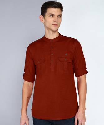 men's rust brown linen cotton short pathani kurta 1