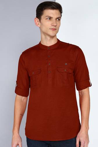 men's rust brown linen cotton short pathani kurta