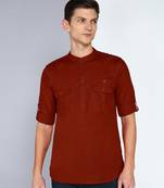 men's rust brown linen cotton short pathani kurta