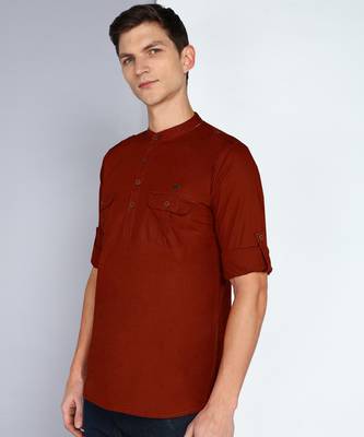 men's rust brown linen cotton short pathani kurta 3