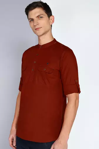 men's rust brown linen cotton short pathani kurta