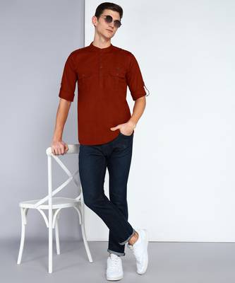 men's rust brown linen cotton short pathani kurta 4