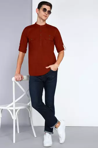 men's rust brown linen cotton short pathani kurta