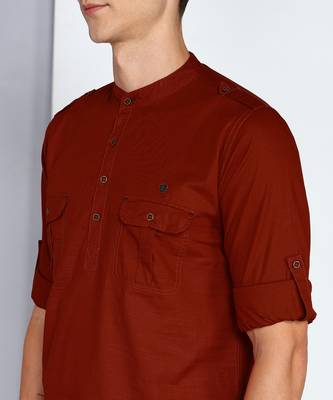 men's rust brown linen cotton short pathani kurta 5