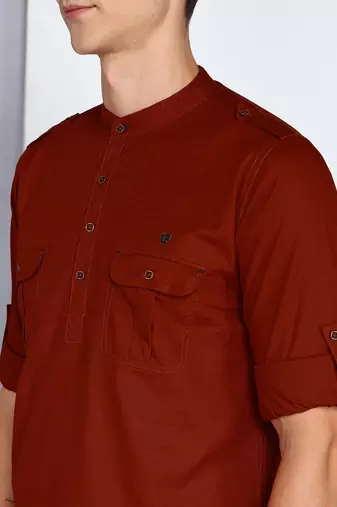 men's rust brown linen cotton short pathani kurta