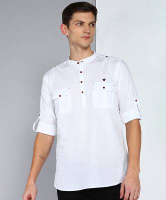 men's white linen cotton short pathani kurta 1
