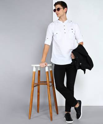 men's white linen cotton short pathani kurta 4