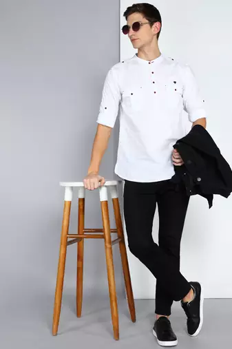 men's white linen cotton short pathani kurta