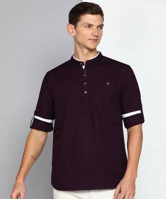 men's mauve linen cotton short kurta 1