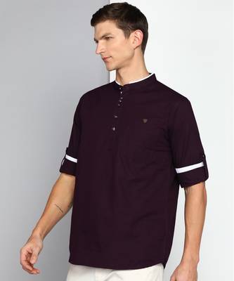 men's mauve linen cotton short kurta 3