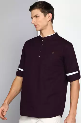men's mauve linen cotton short kurta