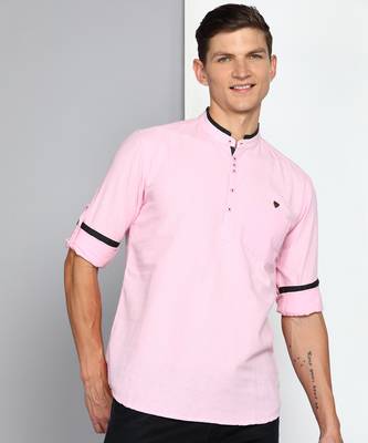 men's baby pink linen cotton short kurta 1