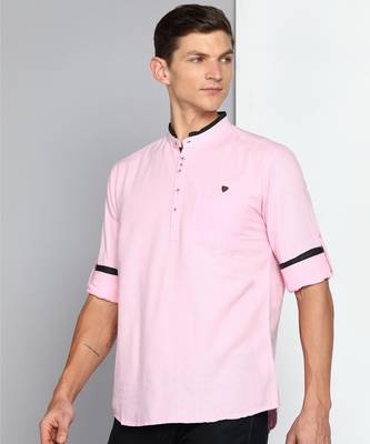 men's baby pink linen cotton short kurta 3
