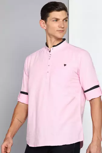 men's baby pink linen cotton short kurta