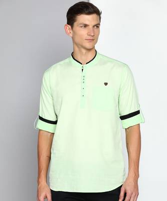 men's candy green linen cotton short kurta 1