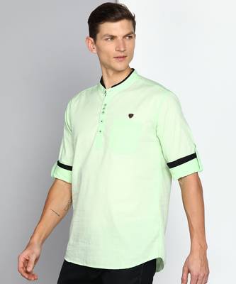 men's candy green linen cotton short kurta 3