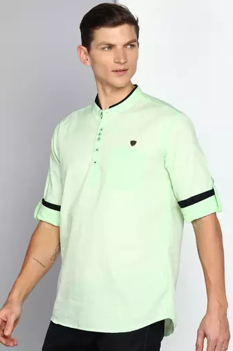 men's candy green linen cotton short kurta