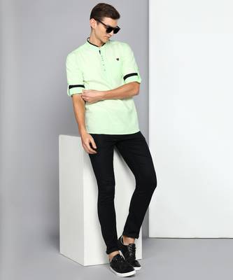 men's candy green linen cotton short kurta 4