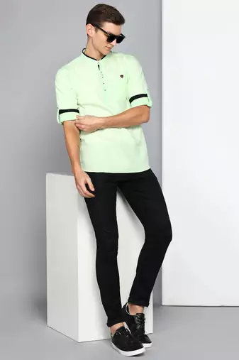 men's candy green linen cotton short kurta