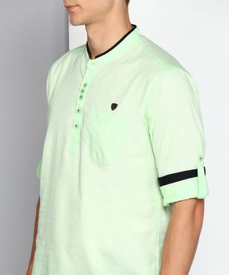 men's candy green linen cotton short kurta 5