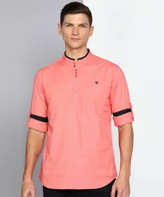 men's blush pink linen cotton short kurta 1