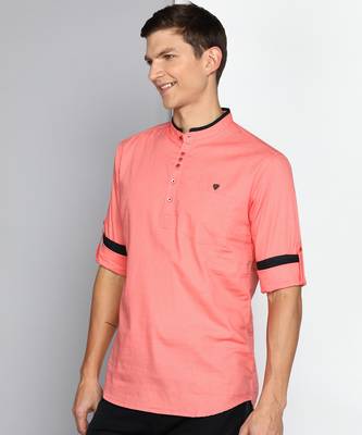 men's blush pink linen cotton short kurta 3