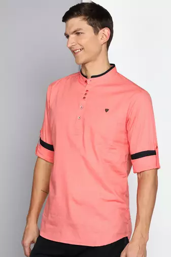 men's blush pink linen cotton short kurta