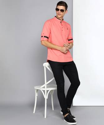 men's blush pink linen cotton short kurta 4