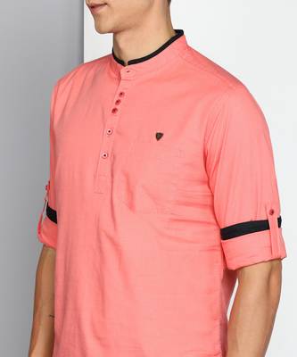 men's blush pink linen cotton short kurta 5