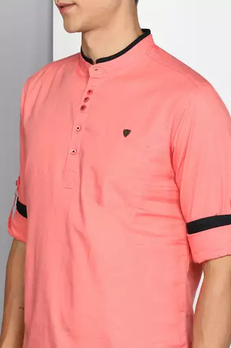 men's blush pink linen cotton short kurta