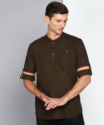 men's coffee brown linen cotton short kurta 1