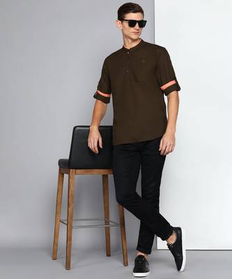 men's coffee brown linen cotton short kurta 4