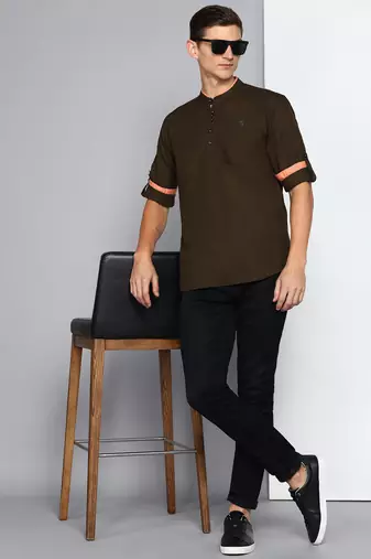 men's coffee brown linen cotton short kurta