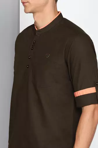 men's coffee brown linen cotton short kurta