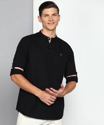 men's black linen cotton short kurta 1
