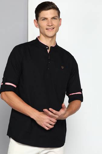men's black linen cotton short kurta