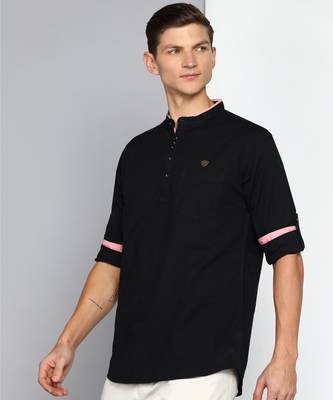men's black linen cotton short kurta 3