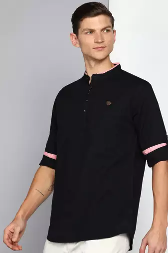 men's black linen cotton short kurta